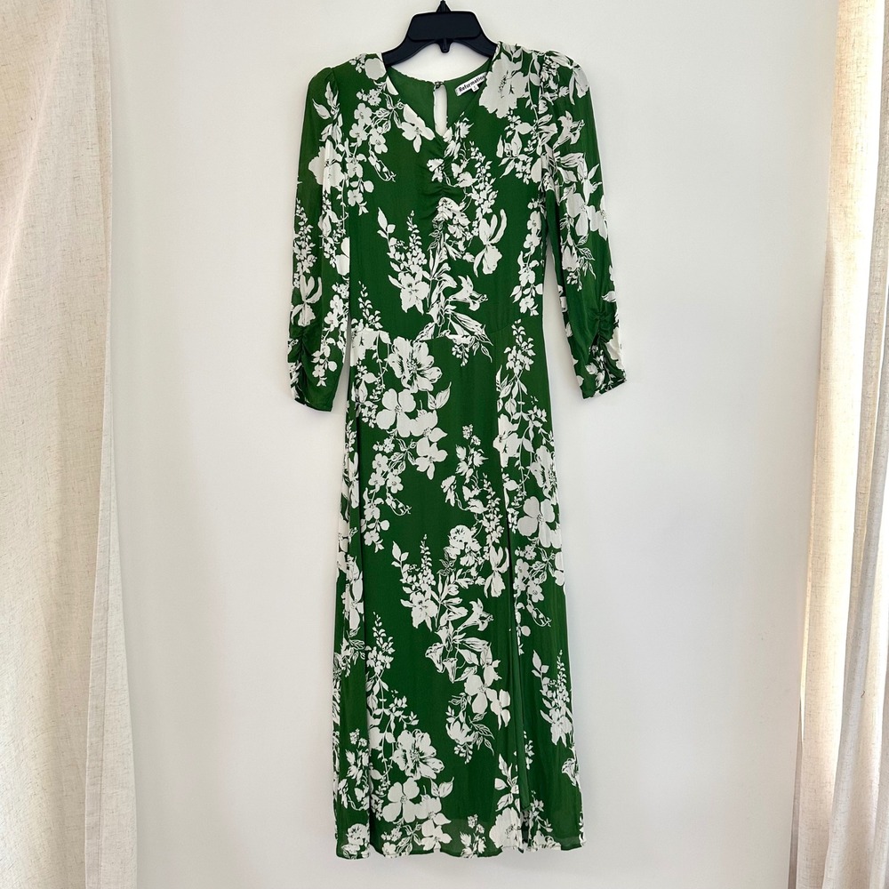 Reformation Green White Floral Midi Dress Size 4 High Slit Ruched Cottagecore